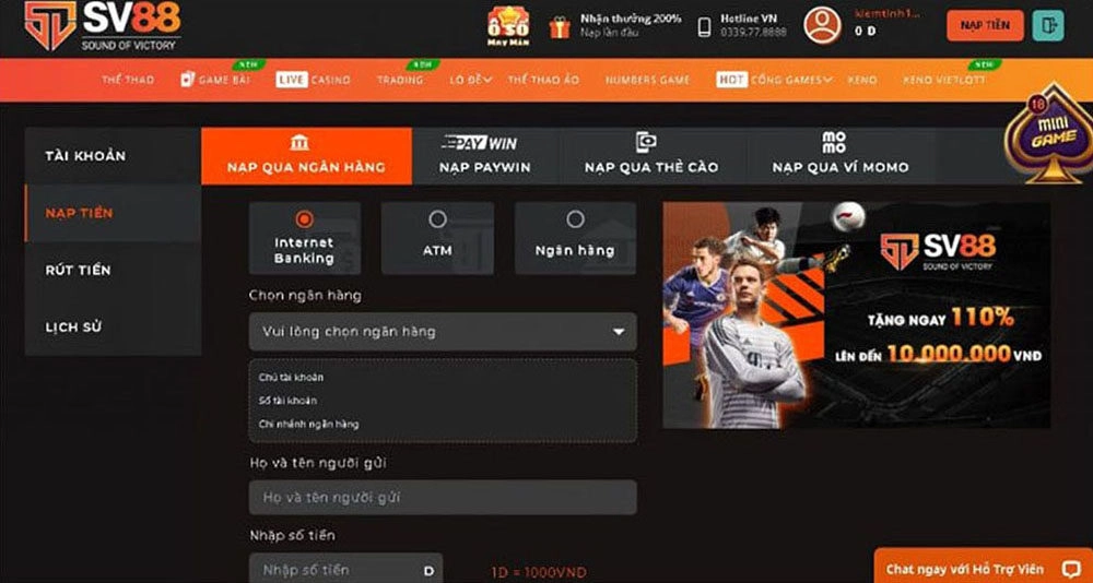 Nạp tiền qua tài khoản ngân hàng tại Sv88